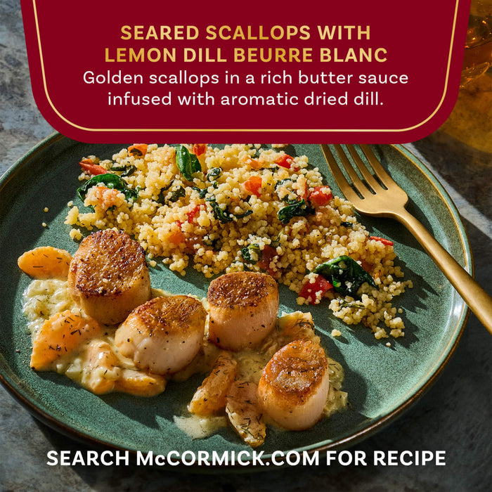 This is an image of seared scallops with lemon dill beurre blanc, a McCormick recipe.