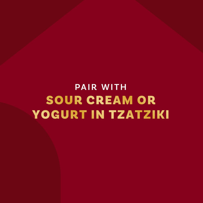 The image suggests pairing the product with sour cream or yogurt in tzatziki.
