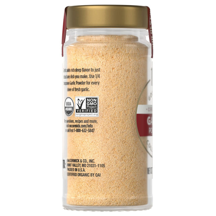A jar of McCormick Organic Garlic Powder with the USDA Organic and Non-GMO Project Verified seals.