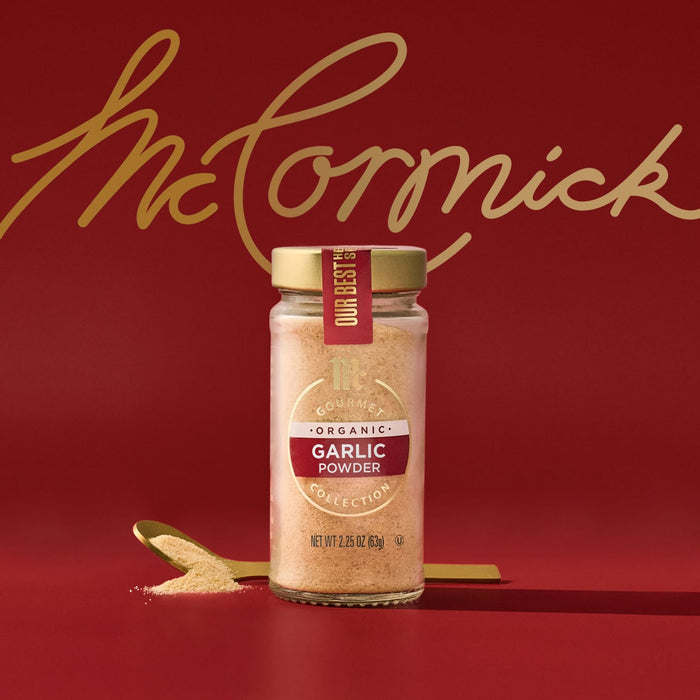 A jar of McCormick Garlic Powder is displayed against a red background with the McCormick logo.