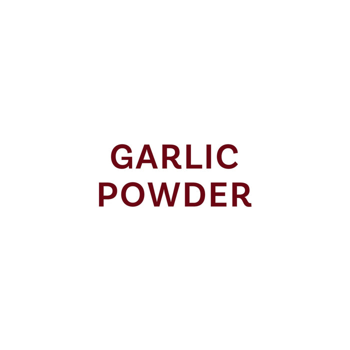The image displays the text Garlic Powder in a dark red font.