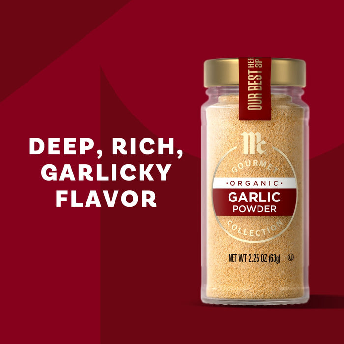McCormick Culinary Garlic Powder is shown in a glass jar with a gold lid, set against a deep red background, emphasizing its deep, rich, garlicky flavor.