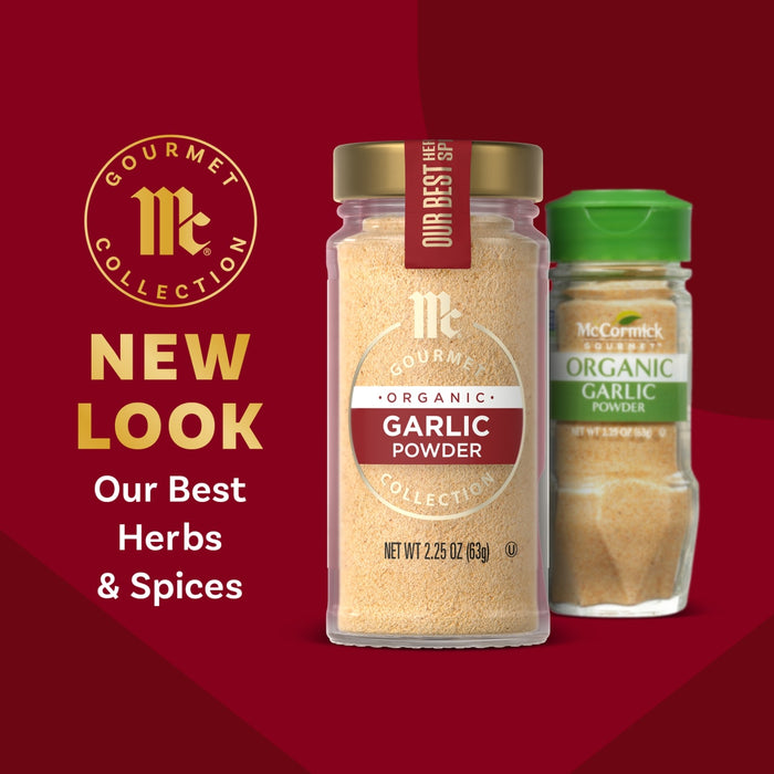 McCormick Gourmet Collection presents a new look for their best herbs and spices, featuring garlic powder in the updated packaging.