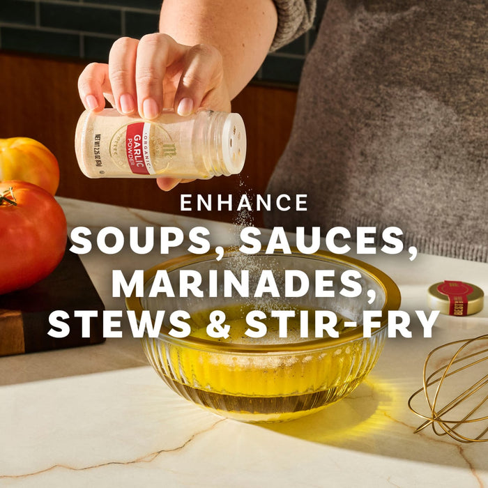 A person is adding McCormick Garlic Powder to a bowl of yellow liquid, highlighting its use to enhance soups, sauces, marinades, stews, and stir-fry.