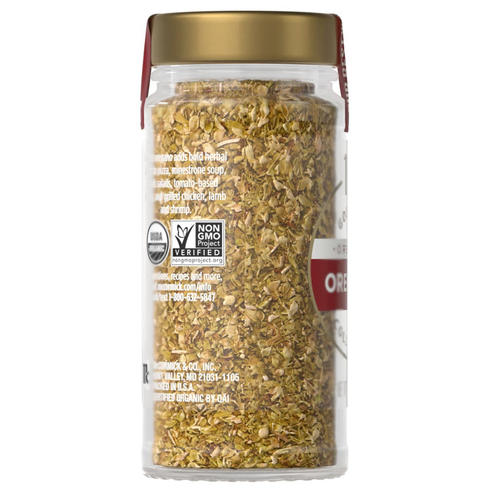 A jar of McCormick Organic Oregano is shown, highlighting its Non-GMO Project Verified and USDA Organic certifications.
