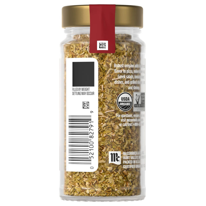 A jar of McCormick Organic Oregano is shown, highlighting its use in various dishes and its USDA organic certification.