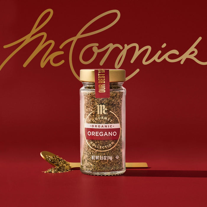 A jar of McCormick oregano is displayed against a red background with the McCormick logo in gold.