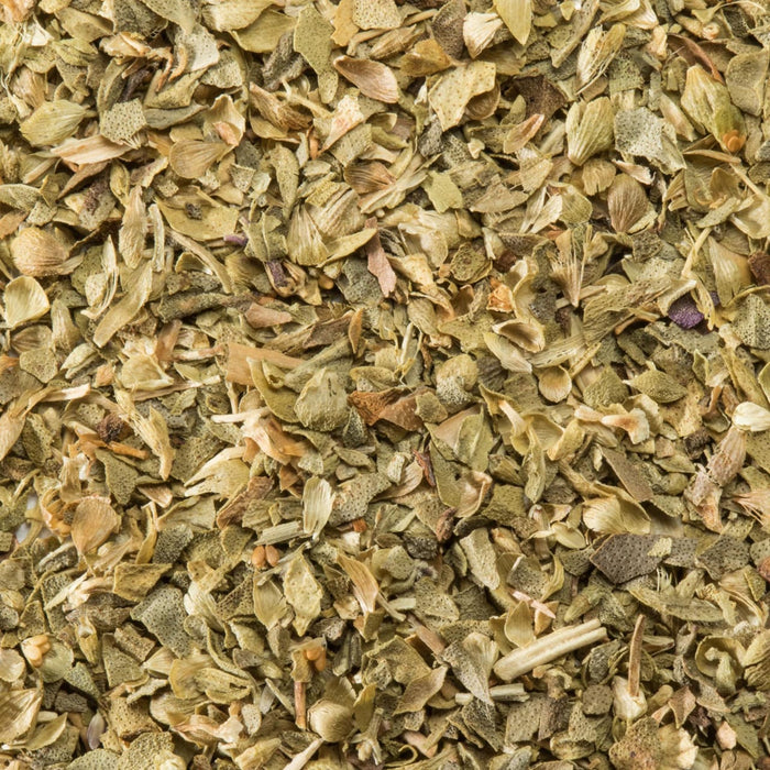A close-up of dried oregano leaves, commonly used as a culinary herb.