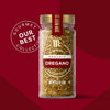 McCormick Gourmet Oregano, part of their Our Best Collection, is showcased in a glass jar with a gold lid.