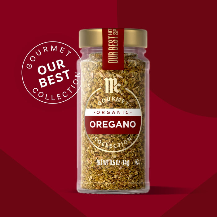 McCormick Gourmet Oregano, part of their Our Best Collection, is showcased in a glass jar with a gold lid.