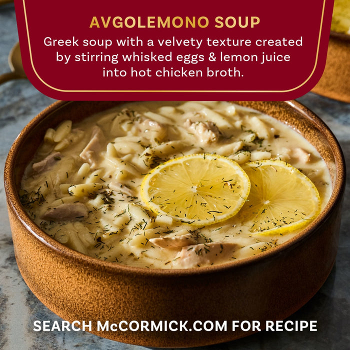 A bowl of Avgolemono soup, a Greek soup with a velvety texture, is shown with the McCormick website for the recipe.