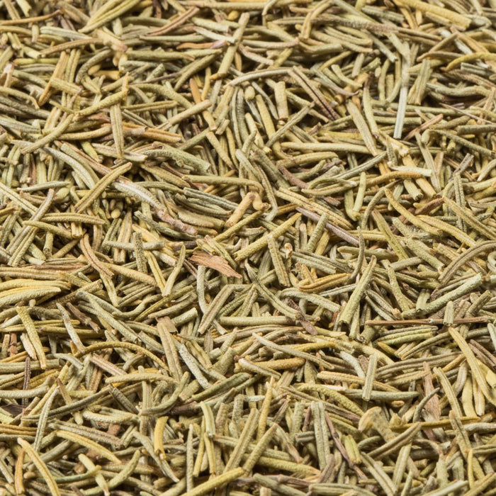 A close-up shows dried rosemary needles, commonly used as a culinary herb.