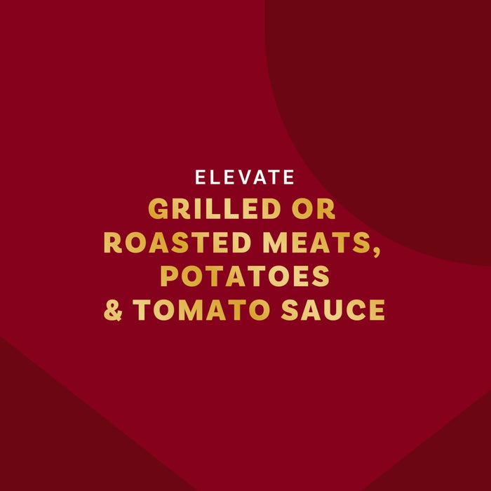 This image promotes the use of a product to elevate grilled or roasted meats, potatoes, and tomato sauce.