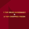 This image provides a rosemary conversion, stating that 1 teaspoon of dried rosemary equals 2 teaspoons of chopped fresh rosemary.