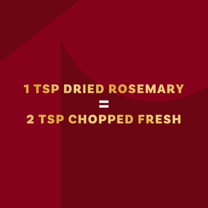 This image provides a rosemary conversion, stating that 1 teaspoon of dried rosemary equals 2 teaspoons of chopped fresh rosemary.