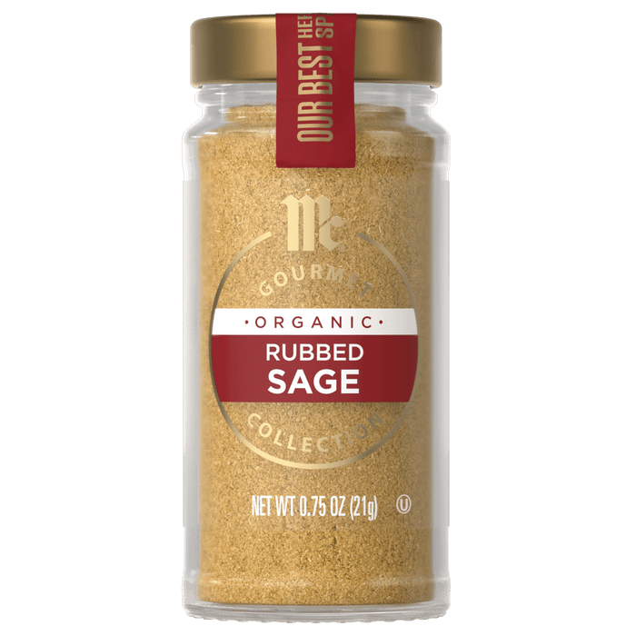 A jar of McCormick Organic Rubbed Sage spice.