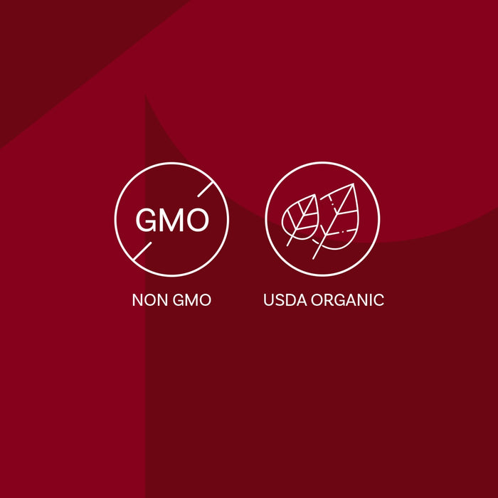The image displays the Non-GMO and USDA Organic certification logos, indicating the product is both non-genetically modified and certified organic.
