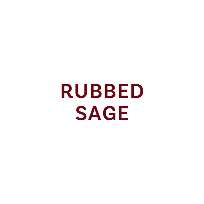 The text RUBBED SAGE is displayed in a dark red font.