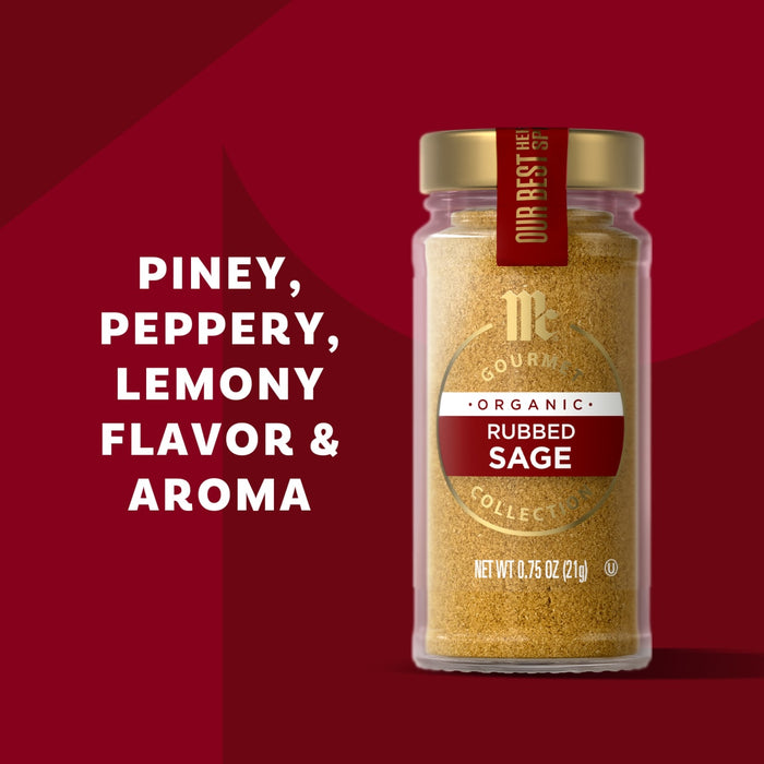 This image showcases McCormick Organic Rubbed Sage, highlighting its piney, peppery, and lemony flavor and aroma.