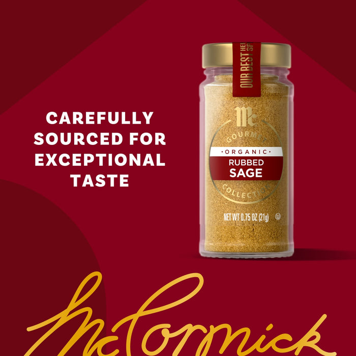 A jar of McCormick Gourmet Sage is displayed with the text Carefully sourced for exceptional taste.