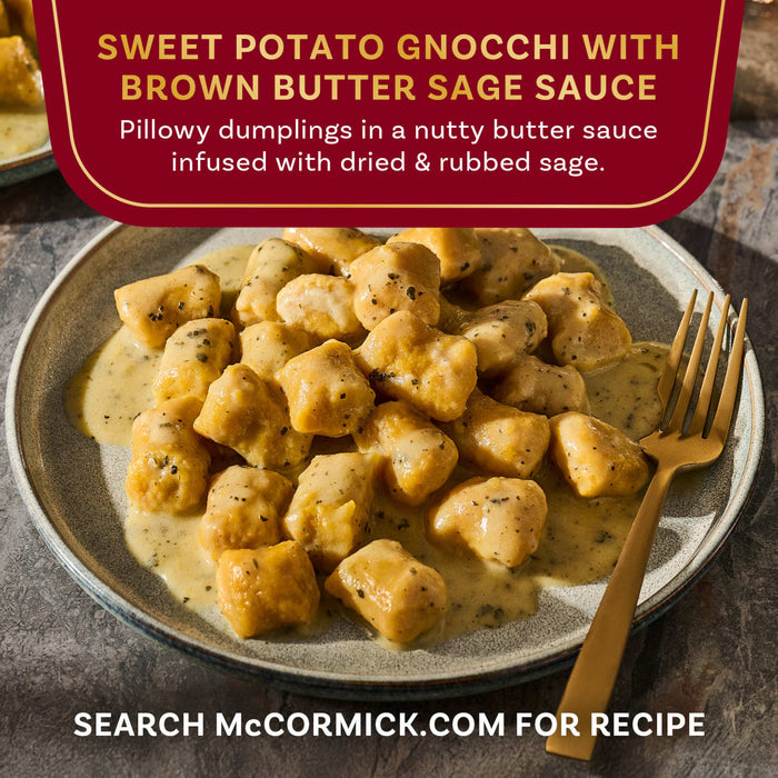 McCormick's sweet potato gnocchi with brown butter sage sauce is shown on a plate, inviting viewers to search McCormick.com for the recipe.