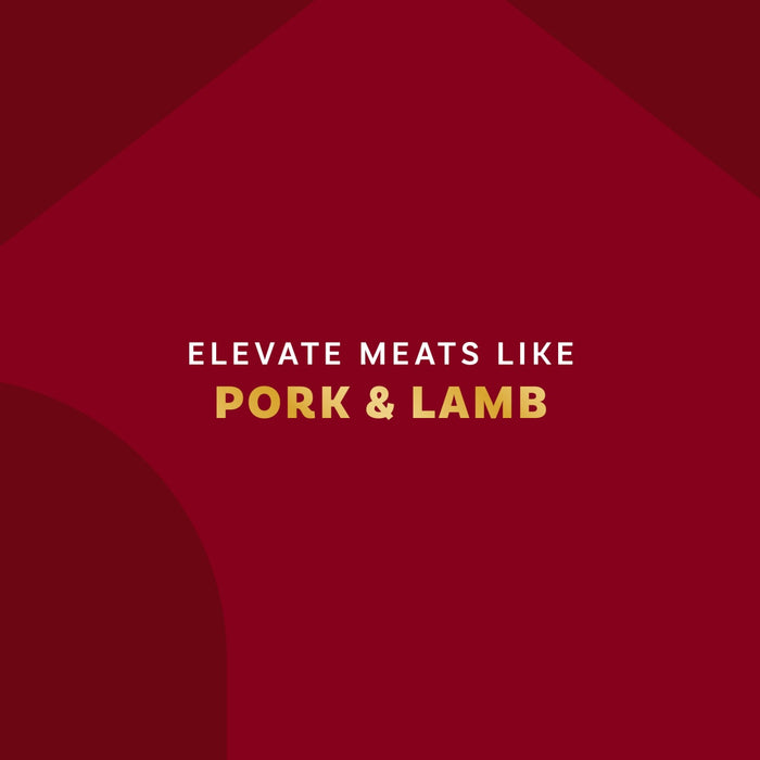 The image promotes elevating meats like pork and lamb with a visually appealing design.