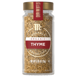 A jar of McCormick Gourmet Organic Thyme seasoning.