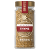 A jar of McCormick Gourmet Organic Thyme seasoning.