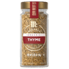 A jar of McCormick Gourmet Organic Thyme seasoning.