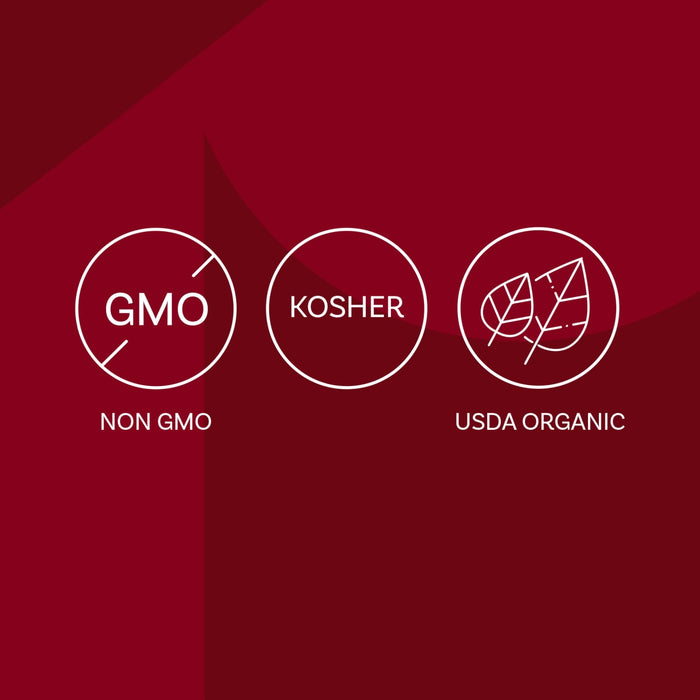 The image displays three circular icons indicating Non-GMO, Kosher, and USDA Organic certifications.