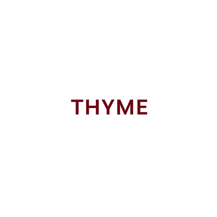 The word THYME is displayed in a burgundy color against a white background.