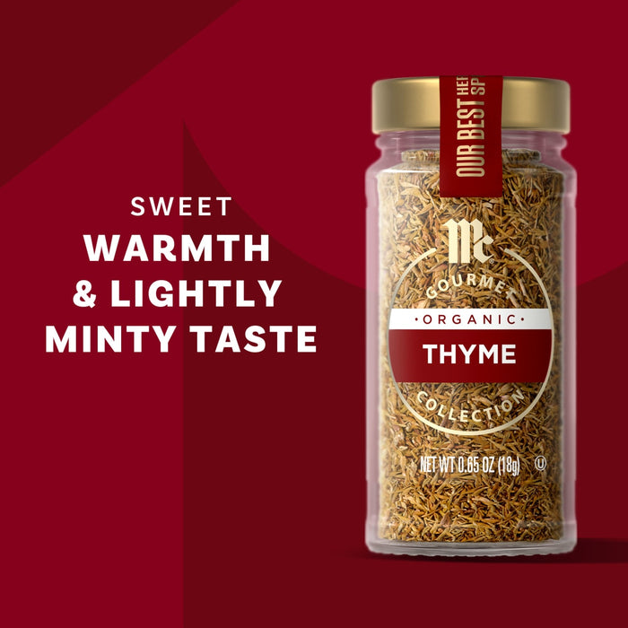 McCormick Organic Thyme is shown, highlighting its sweet warmth and lightly minty taste.