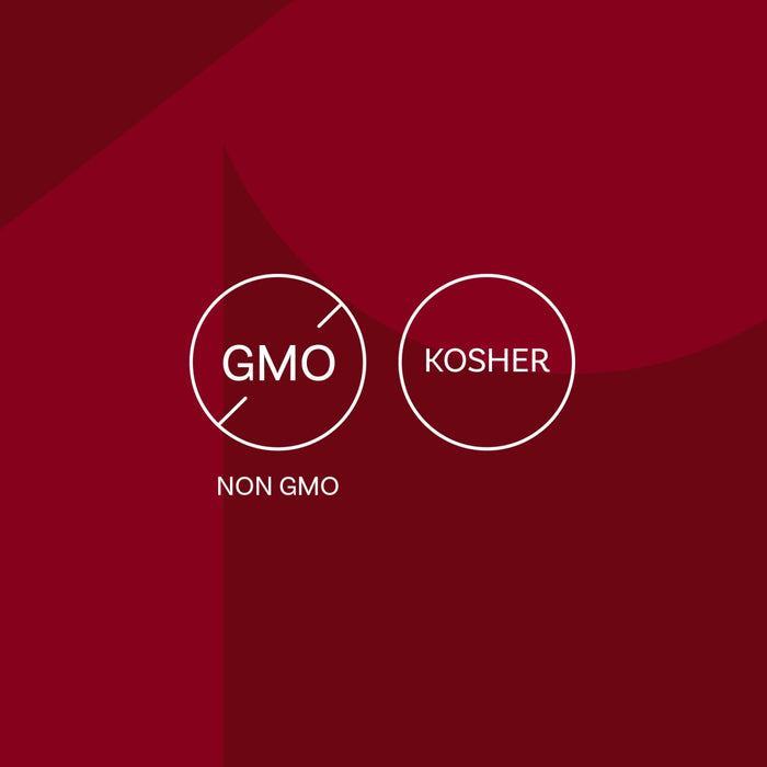 The image displays the Non-GMO and Kosher certification logos.