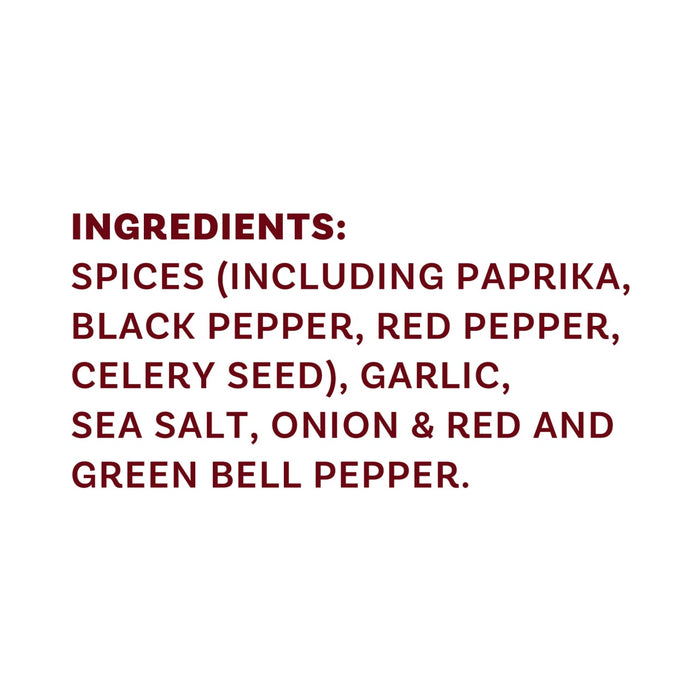 The image lists the ingredients of a spice blend, including paprika, black pepper, red pepper, celery seed, garlic, sea salt, onion, red bell pepper, and green bell pepper.