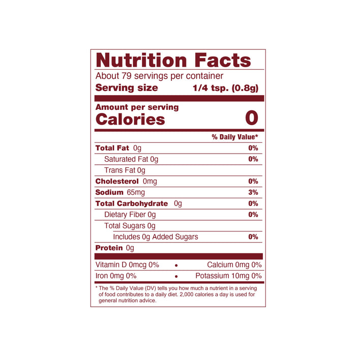 A nutrition facts label for Mccormick Gourmet Cajun Seasoning, detailing 0 calories, 0g total fat, 75mg sodium, and 0g total carbohydrates and protein.