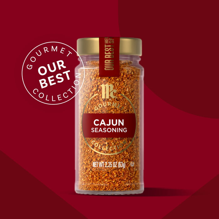 A jar of McCormick Cajun Seasoning, part of the Gourmet Our Best Collection.