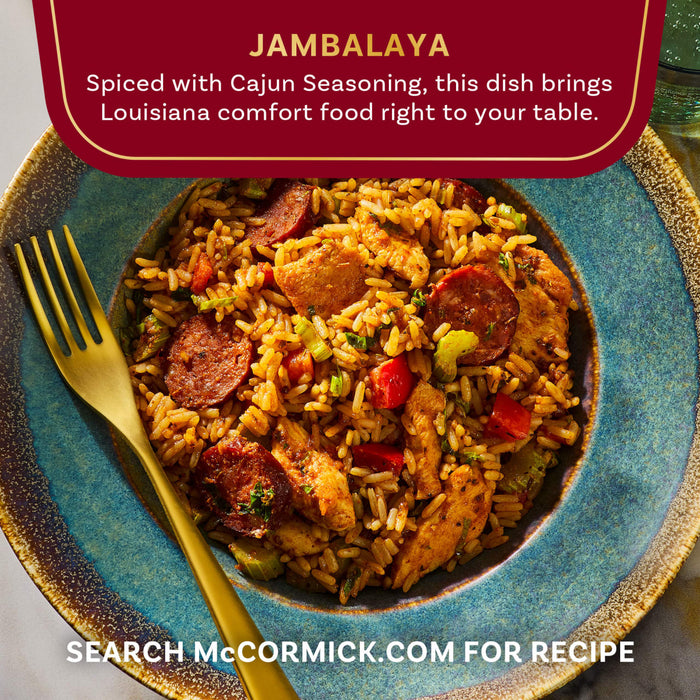 A bowl of McCormick Jambalaya, a spiced Cajun dish, is shown with sausage, chicken, and vegetables.