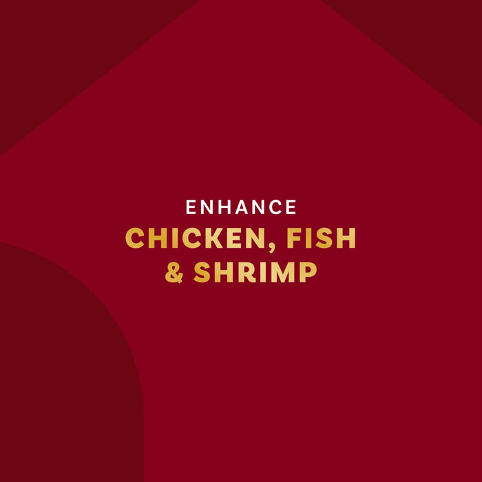 A red graphic advertises a product to enhance chicken, fish, and shrimp.