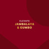 Elevate Jambalaya &amp; Gumbo text on a maroon background with curved shapes.