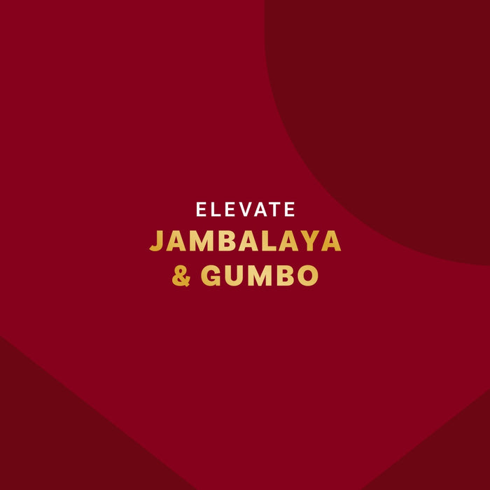 Elevate Jambalaya &amp; Gumbo text on a maroon background with curved shapes.