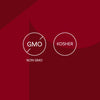 The image displays Non-GMO and Kosher certification symbols.