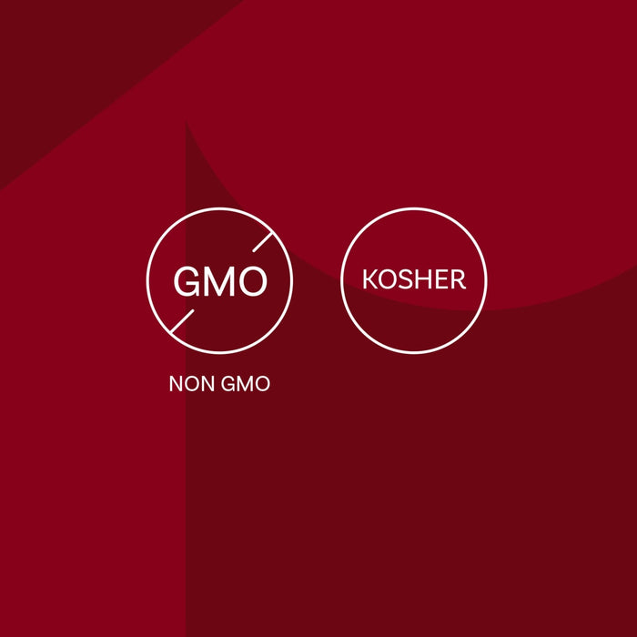 The image displays Non-GMO and Kosher certification symbols.