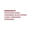 The image shows a list of ingredients that includes spices such as coriander, black pepper, cumin, cardamom, and cinnamon.