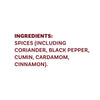 The image shows a list of ingredients that includes spices such as coriander, black pepper, cumin, cardamom, and cinnamon.
