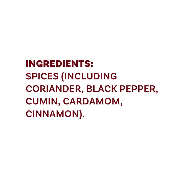 The image shows a list of ingredients that includes spices such as coriander, black pepper, cumin, cardamom, and cinnamon.