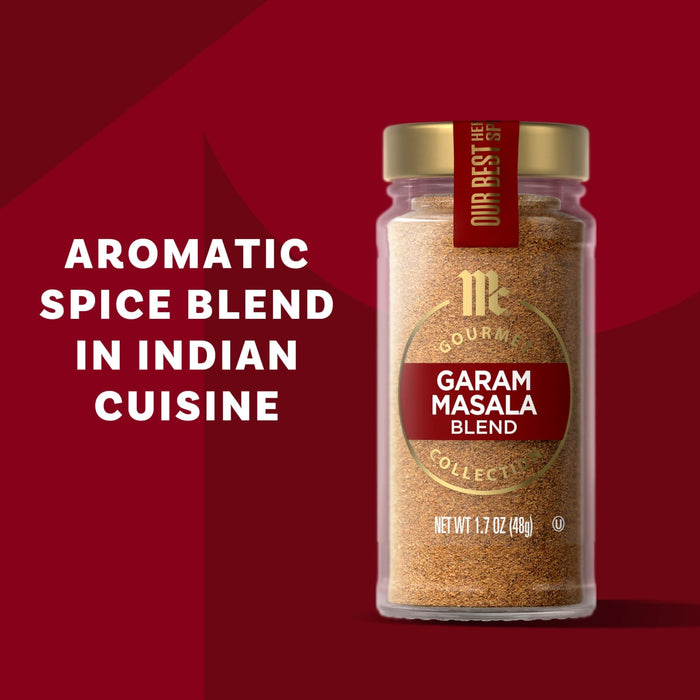 The image features a jar of McCormick Garam Masala Blend, an aromatic spice blend used in Indian cuisine.