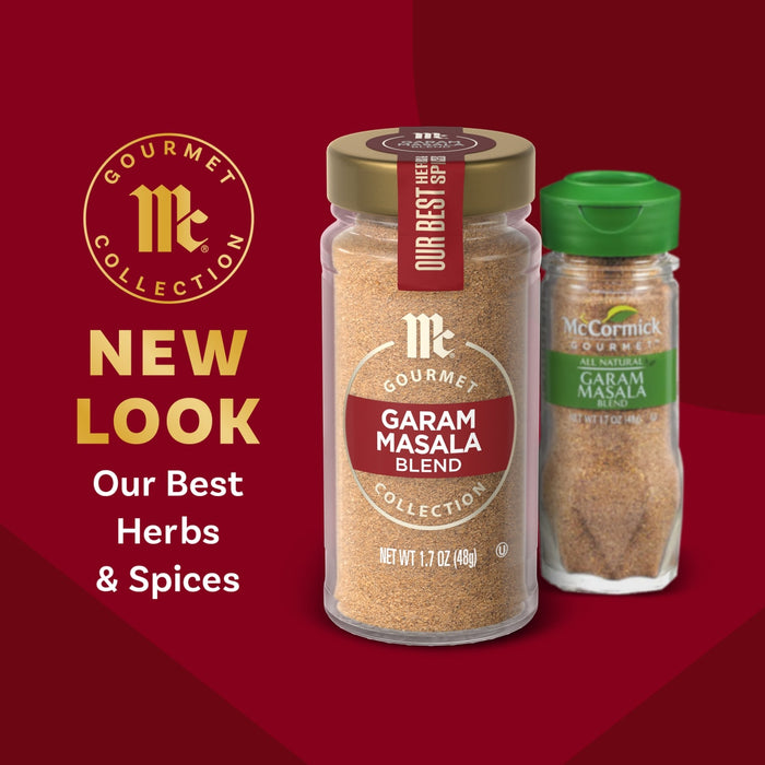 McCormick Gourmet Collection spices are shown with a new look for their best herbs and spices.