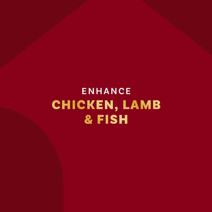 A graphic with the text Enhance Chicken Lamb &amp; Fish suggesting the product enhances the flavor of these foods.