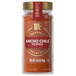 A jar of McCormick Gourmet Ancho Chile Pepper.