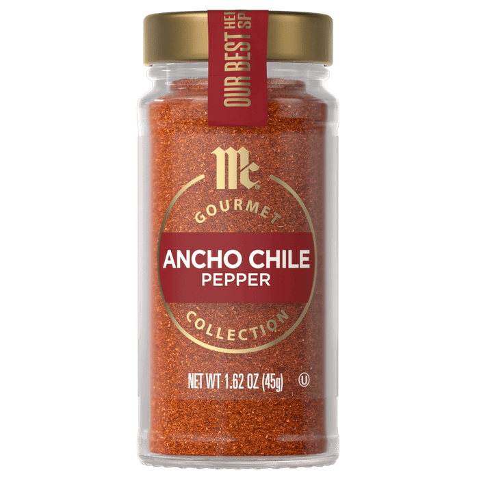 A jar of McCormick Gourmet Ancho Chile Pepper.
